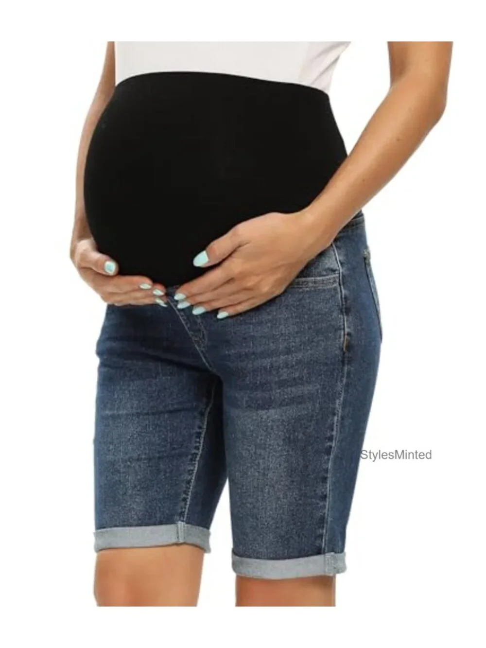 Maternity Bermuda Jean Shorts Over The Belly Stretchy Denim Cuffed Hem